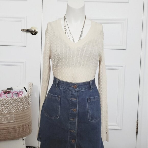 Tommy Hilfiger 100٪ Pima Cotton V Neck Cable Knit Pullover- Size M - Picture 5 of 15